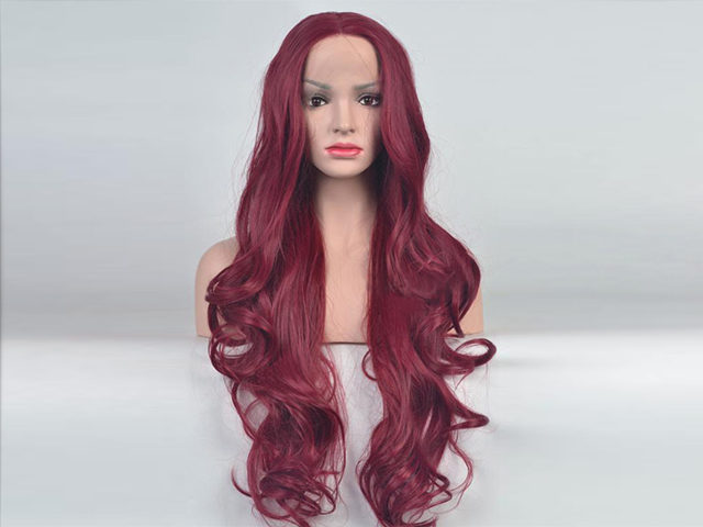 Wine Red Waist Length Wavy Synthetic Lace Front Wig